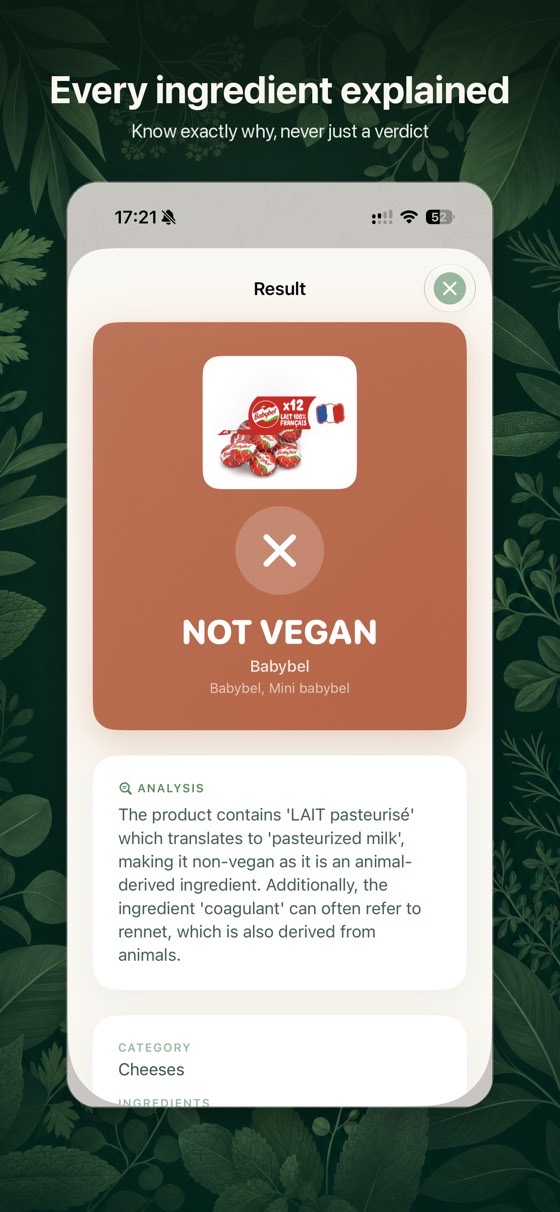 A scan result with its explanation in Vegan Check